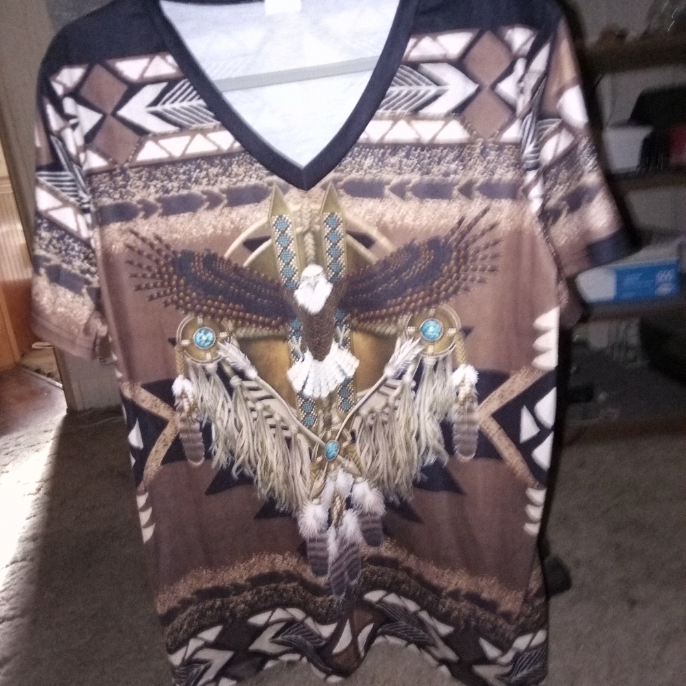 Women's Geometric Patterned T-shirt in Brown and Black. New XXL.